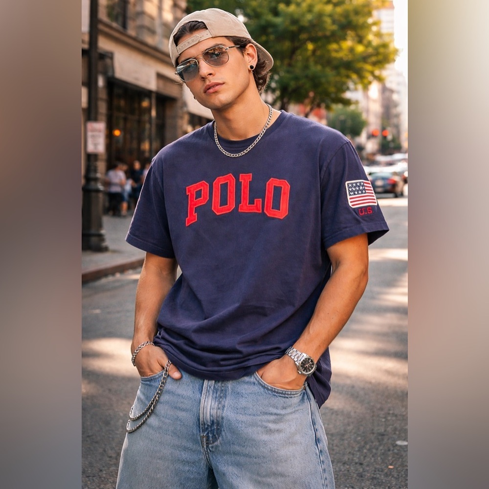 🇺🇸 Classic POLO Tee – Bold Logo + USA Flag Sleeve | 90’s Cool Staple